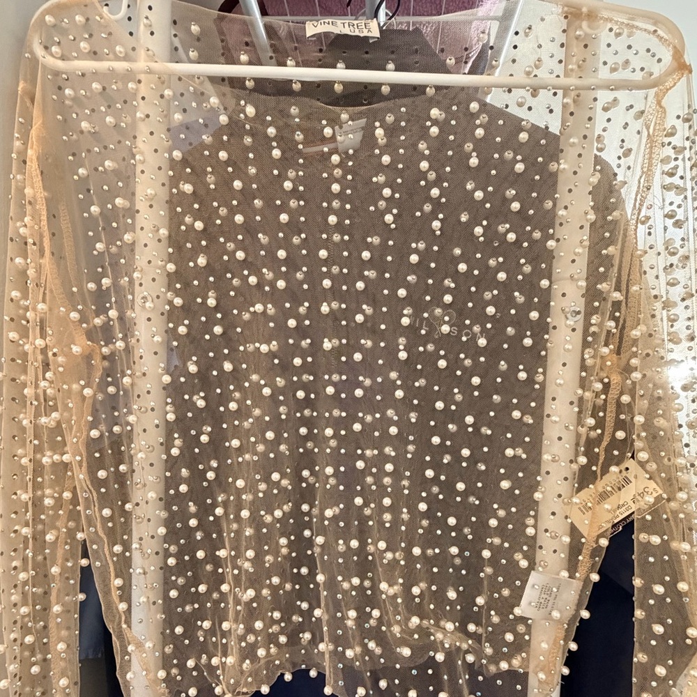 Necessary Clothing Pearl & Bead Embellished Sheer Top - Cream